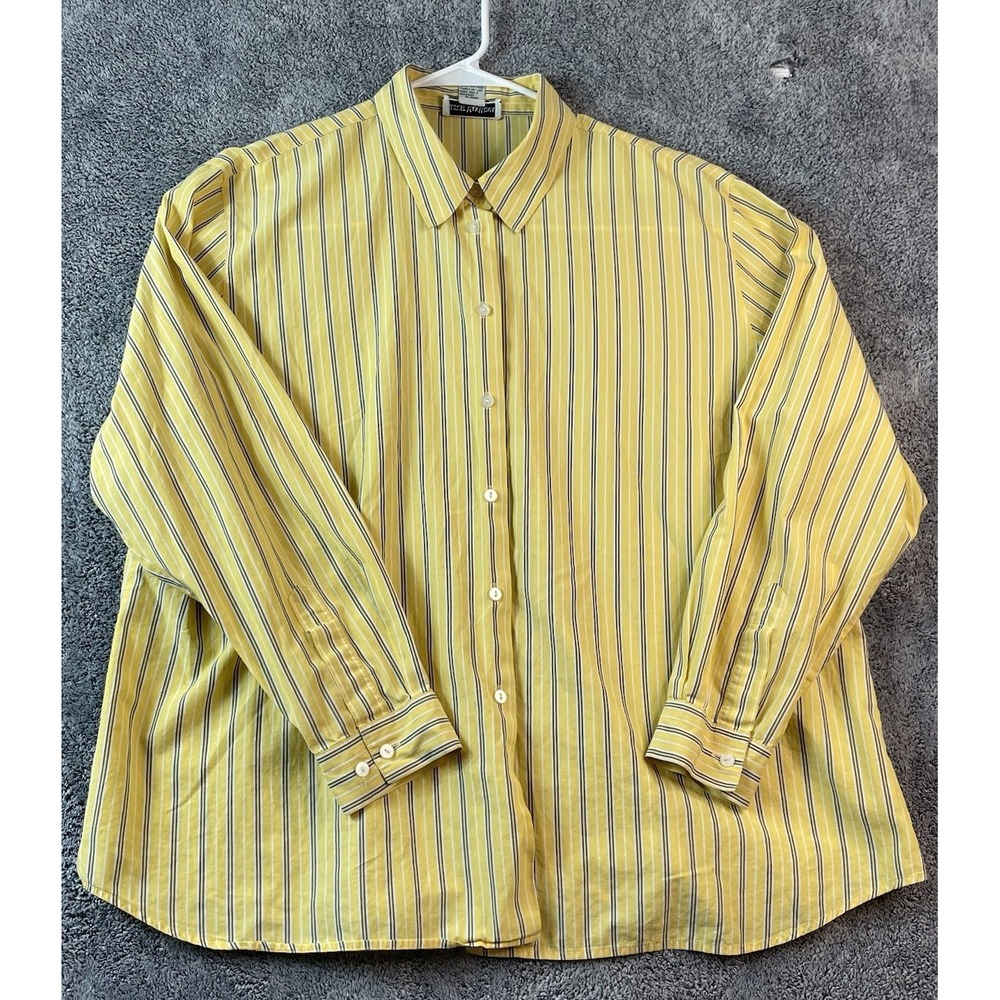 August Max Woman Blouse Plus Size 2X  Yellow Stripped Collar Long Sleeve Cotton